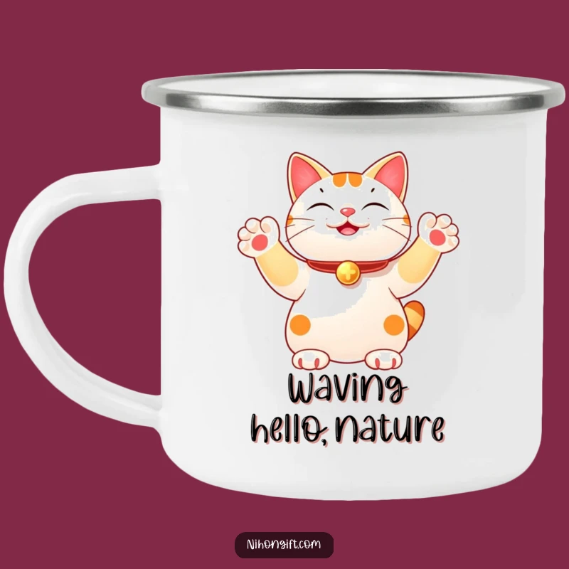Funny Lucky Cat Enamel Camping Mug: Multi-Paw Wave for Adventure, Outdoor Gift