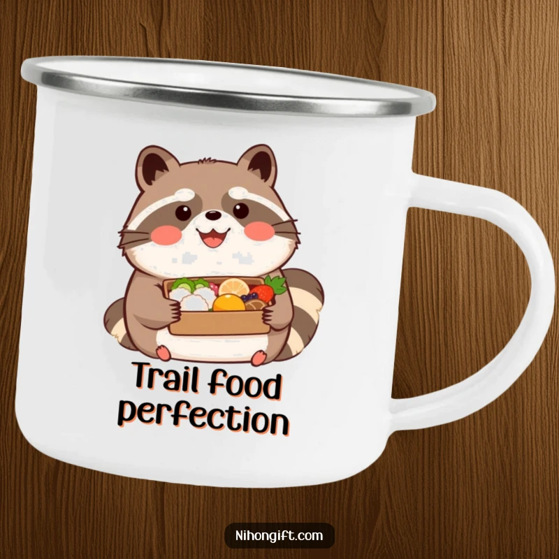 Funny kawaii tanuki wearing a happy expression, holding a beautifully presented bento on a camping mug, ideal for humorous outdoor enjoyment.