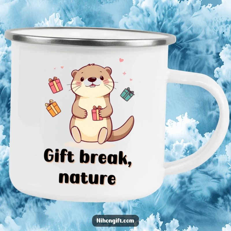 Funny Kawaii Otter Camping Mug: Cheerful otter juggling colorful gift boxes, ready for outdoor fun and caffeine.