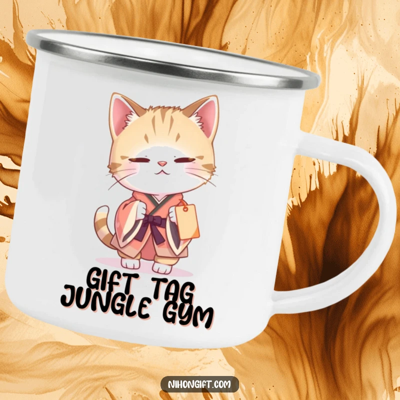 Funny cat kimono camping mug showing a curious cat batting at a dangling gift tag, perfect for enjoying drinks outdoors with charm.