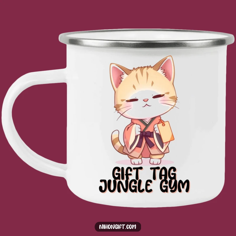 Funny Cat Kimono Camping Mug: Curious Batting, Gift Tag Fun, Perfect Outdoor Funny Gift
