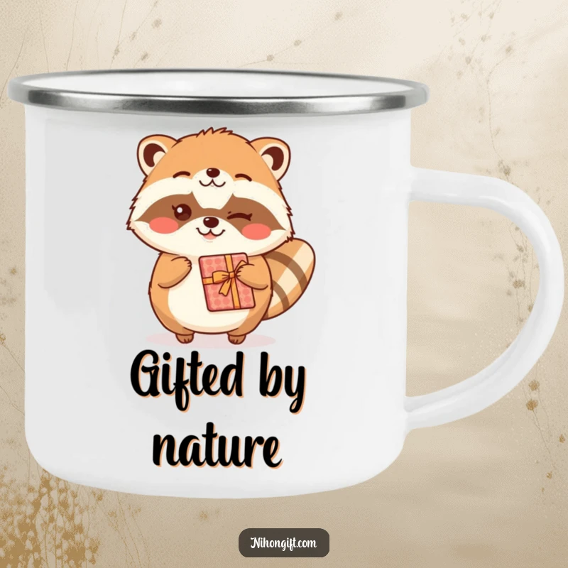 Funny kawaii tanuki winking and offering a gift on a sturdy camping mug, great for outdoors.