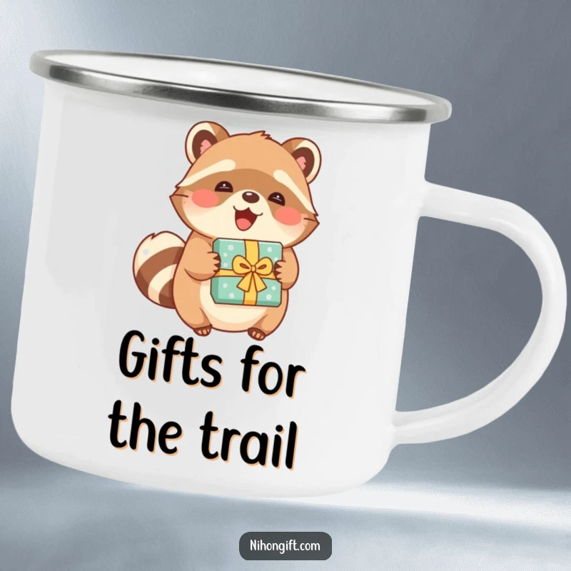 Funny tanuki in a camping mug, joyfully holding a beautifully wrapped present, ready for outdoor fun.