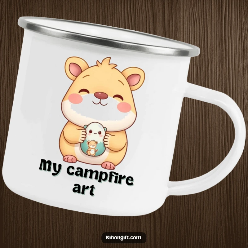 Funny camping mug with a happy animal proudly showing off a small, painted ceramic figure, ideal for outdoor artists.