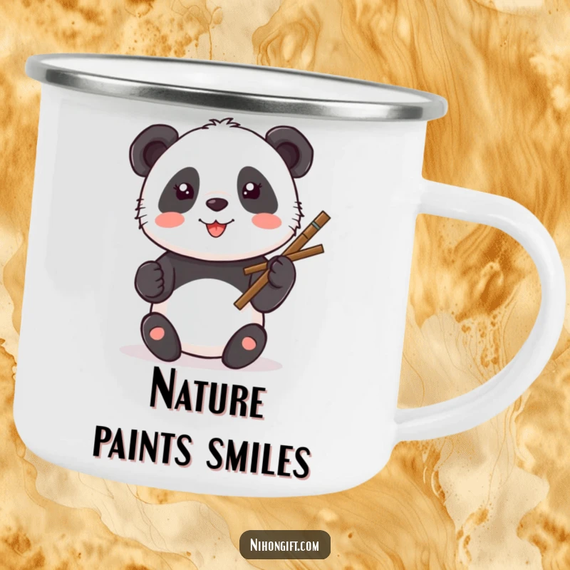 Funny Kawaii Panda Camping Mug showing a panda painting a smiley face with a calligraphy brush.