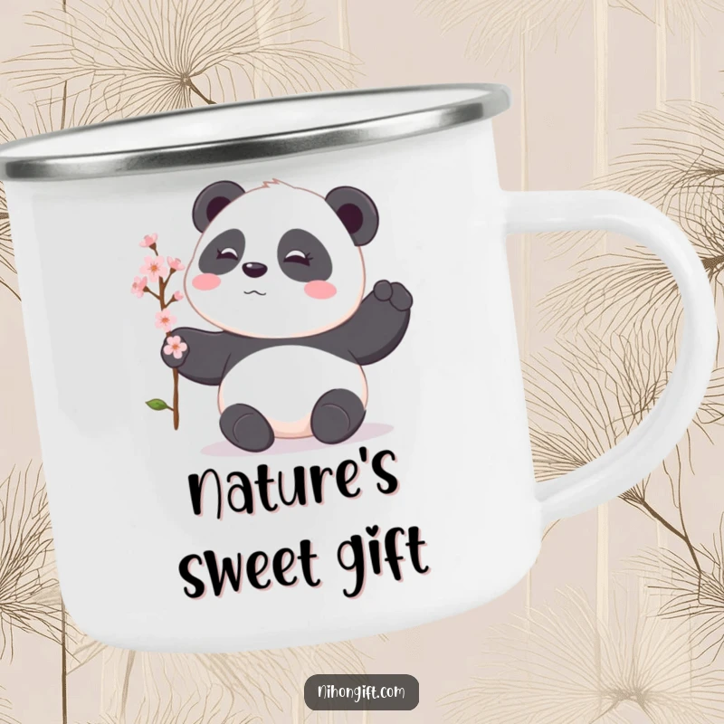 Funny panda camping mug showing a shy panda offering a delicate cherry blossom branch, perfect for enjoying drinks outdoors with peace.
