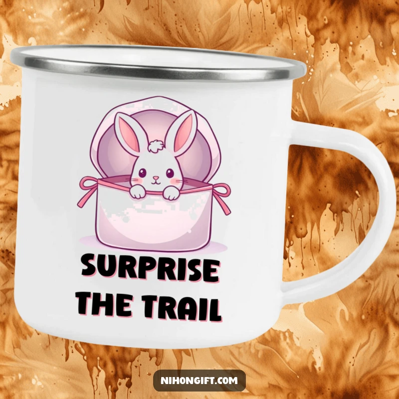 Funny enamel camping mug with a playful rabbit peeking from a shimmering gift bag, perfect for outdoor fun and surprises.