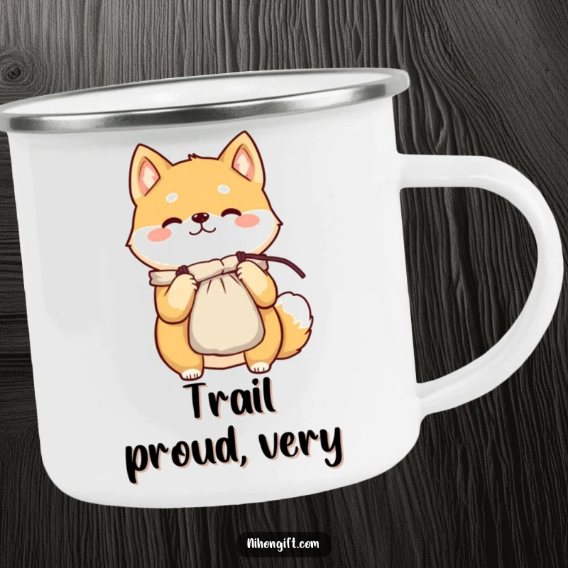 Funny Shiba Inu in a camping mug, proudly presenting a delicate silk pouch, ready for outdoor fun.