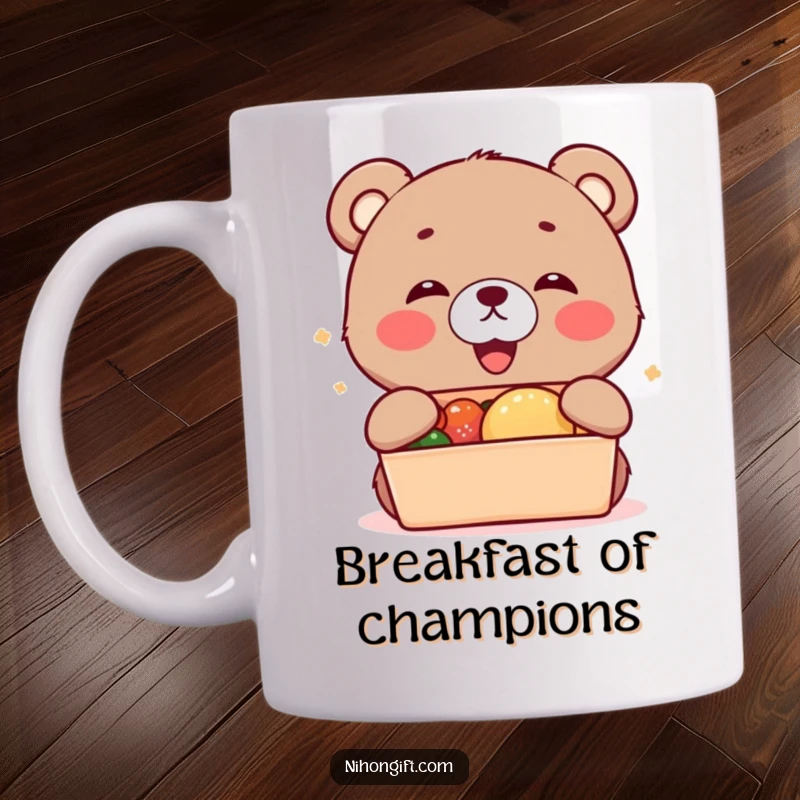 Funny kawaii bear cub cub gleefully accepting a bento box, depicted on a mug.