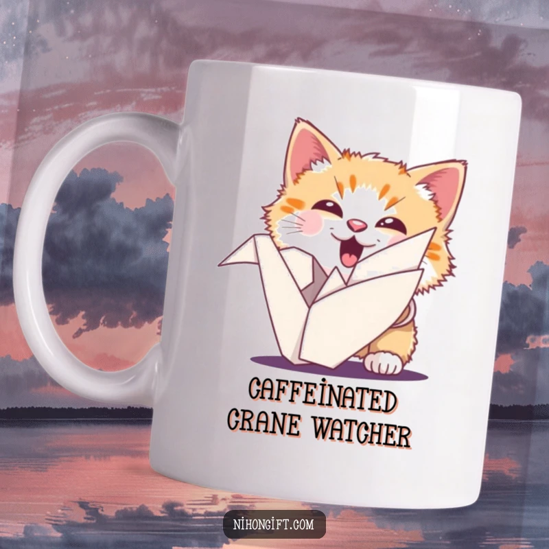 Funny cat mug showing a fluffy cat with an ecstatic expression peeking from behind a beautifully folded origami crane.