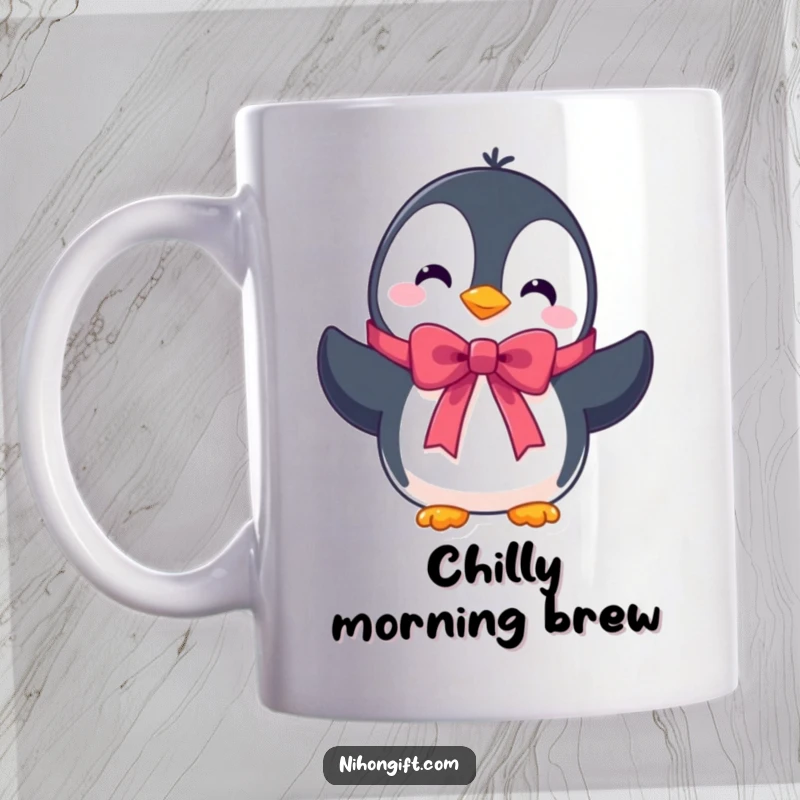 Funny mug featuring a cute penguin character presenting a beautifully tied ribbon, symbolizing gifts and winter charm.