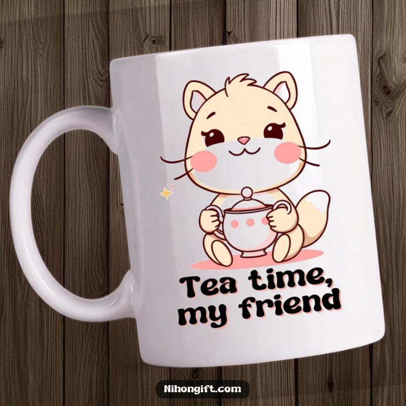 Funny mug with an animal holding a delicate tea set and a polite smile, evoking calm and humor.