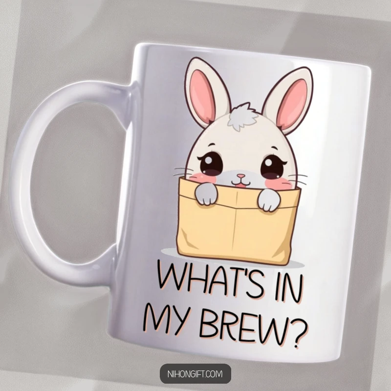 Funny cute bunny character peeking curiously into a simple paper bag on this mug, evoking playful wonder.