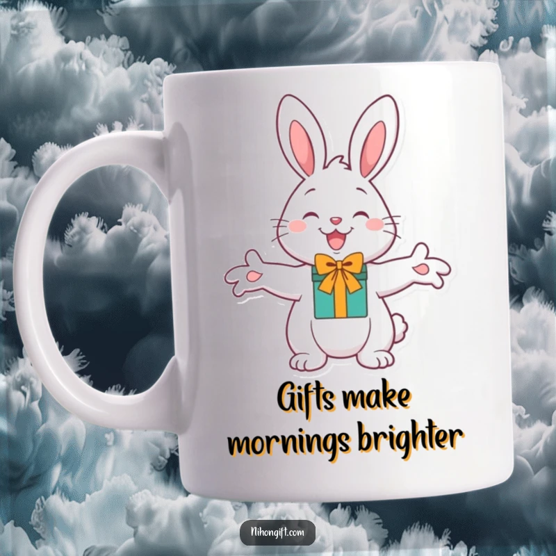 Funny Cheerful Bunny Mug with outstretched paws, ready to offer a gift, radiating happiness and humor.