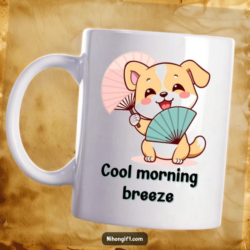 Funny Dog Fan Mug: A happy dog smiles widely while enthusiastically waving a traditional Japanese fan.