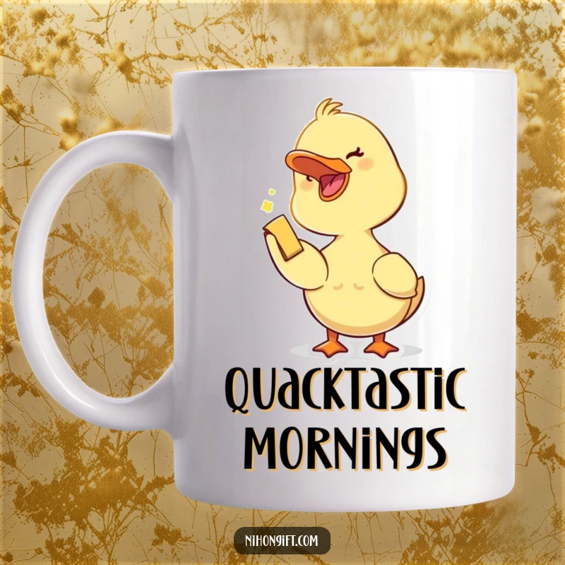 Funny duckling with an open beak joyfully accepting a small trinket on a mug, symbolizing delight and receiving.