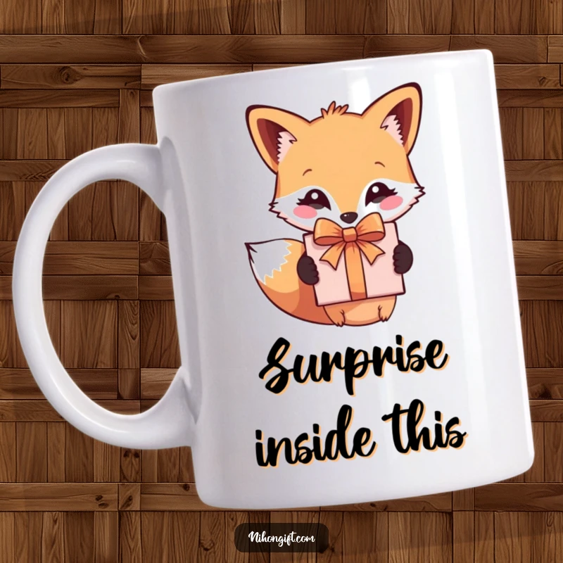 Funny fox mug with a cute, wrapped gift box and bow, showing playful generosity. Perfect for humor lovers.