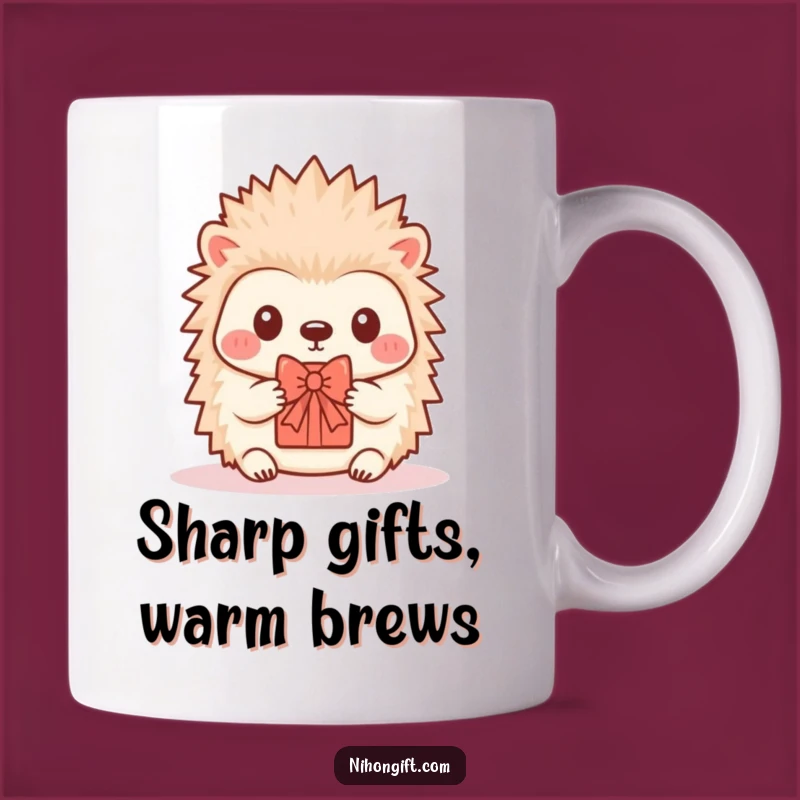 Funny Hedgehog Gift Mug - Kawaii Critter Offers Tiny Present Happily