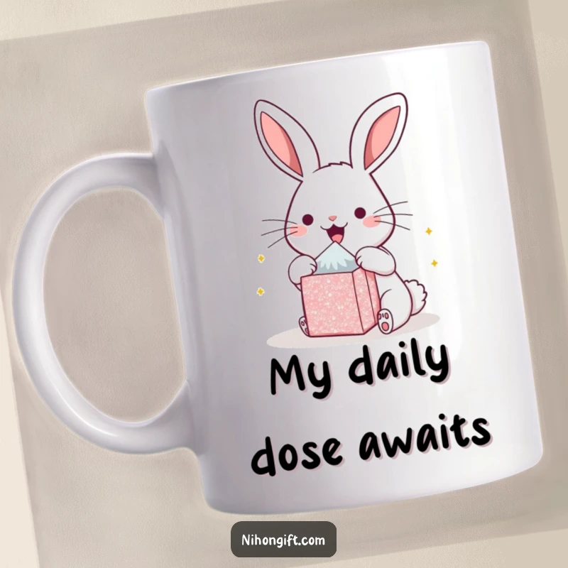 Funny kawaii bunny mug, eagerly opening a sparkling gift box with a look of pure delight and anticipation. Perfect for gift lovers.