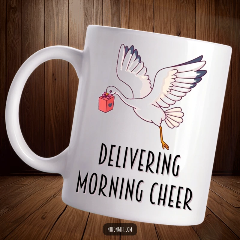 Funny Kawaii Crane Mug with a cute crane flying gracefully with a delicate gift box.