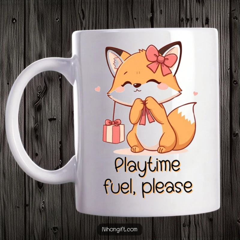 Funny Kawaii Fox Mug featuring a cute fox playfully batting at a dangling gift ribbon, full of energetic fun and mischief.