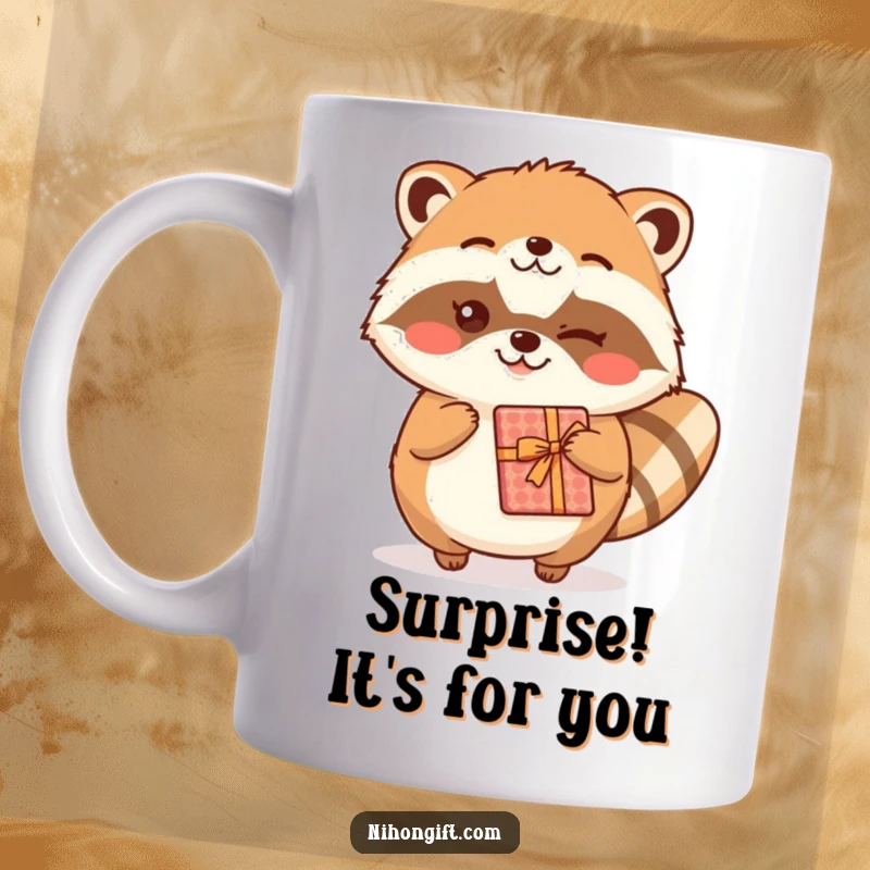 Funny kawaii tanuki character winking while offering a wrapped gift, perfect for a funny mug gift.