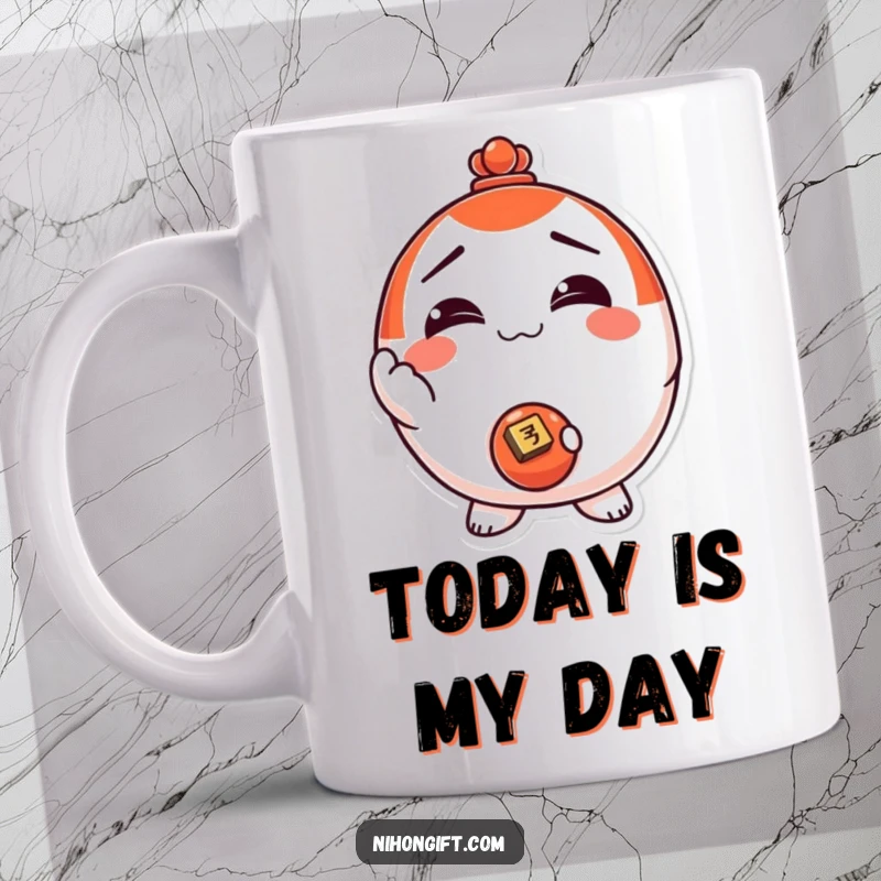 Funny! Lucky Daruma doll mug with a smiling face, offering a shiny coin in its hand, symbolizing good fortune and humor.
