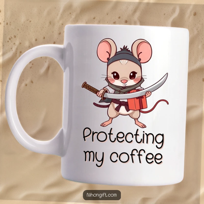 Funny Mouse Katana Mug: A small, brave mouse stands guard with a tiny katana, protecting a wrapped gift.