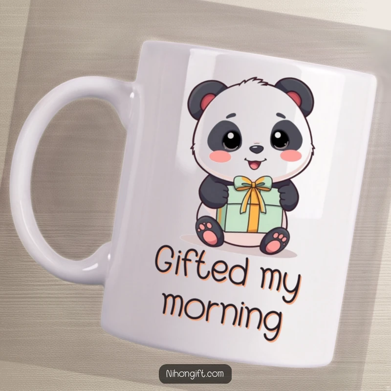 Funny Panda Mug: A kawaii panda happily holds out a beautifully wrapped gift box.