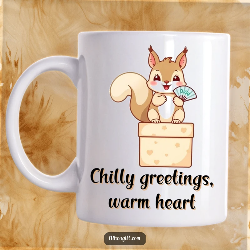 Funny squirrel mug showing a happy rodent sitting on a gift box, holding a tiny fan, perfect for gift lovers.