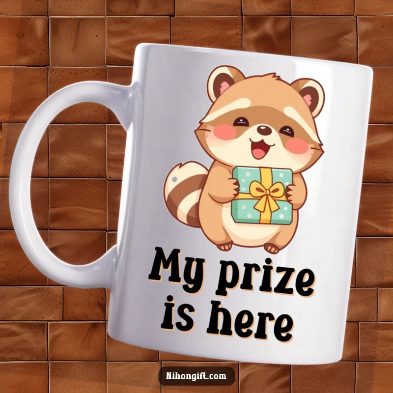 Funny tanuki character joyfully clutching a beautifully wrapped present on this mug, radiating happiness.