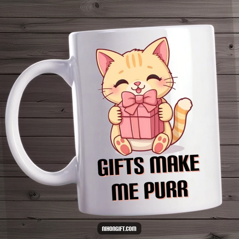 Funny kawaii cat mug with a cheerful expression, joyfully holding a beautifully wrapped gift box tied with a ribbon.