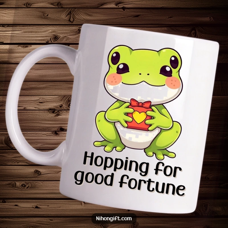 Funny kawaii frog holding a tiny lucky charm gift on a mug, radiating whimsical charm and good vibes.