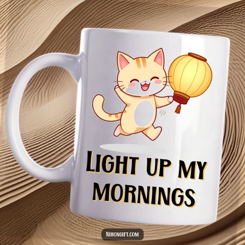 Funny mug featuring a cheerful cat skipping joyfully while holding a large paper lantern, evoking happiness.