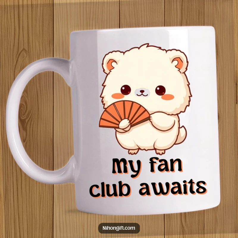 Funny mug with a small, fluffy animal presenting a traditional Japanese fan with a polite smile, ideal for gift-givers.