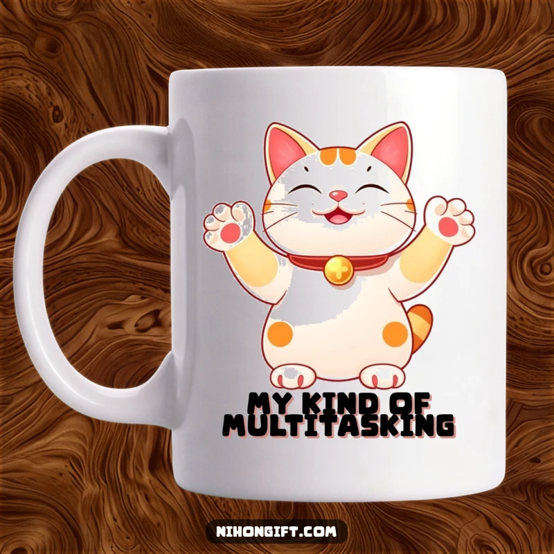 Funny mug with a lucky cat figurine joyfully waving with four paws, spreading good fortune and laughter. A whimsical and cheerful design.