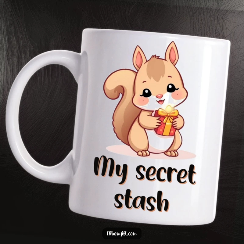 Funny Squirrel Mug: A kawaii squirrel peeks out, hiding a small, shiny gift behind its back.