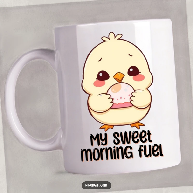 Funny Chubby Chick Mug smiling widely while holding a delicious mochi, bringing joy and humor to your day.