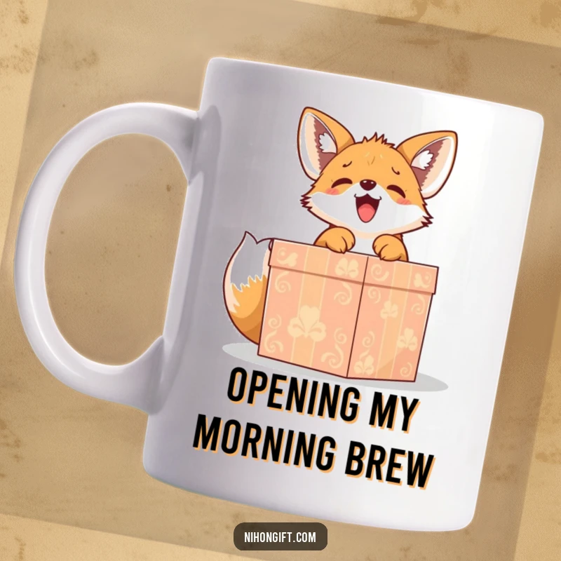 Funny cute fox puppy gleefully unwrapping a large, ornate gift box on a mug, capturing playful excitement.
