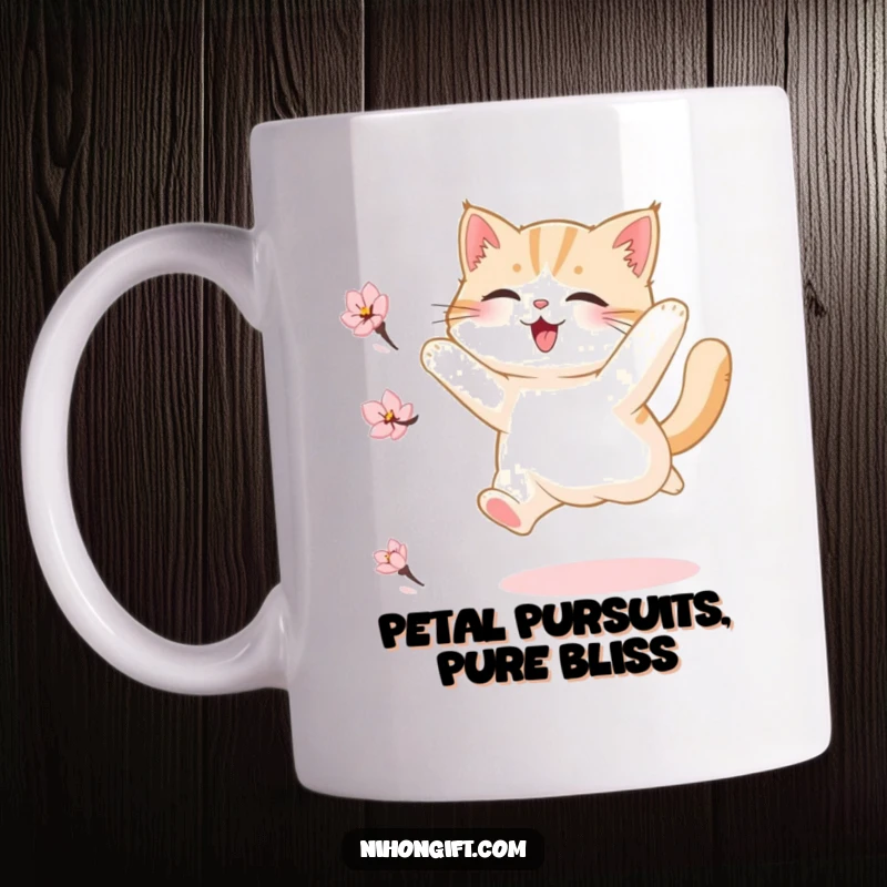 Funny mug showcasing a fluffy cat mid-air, joyfully leaping to catch a delicate cherry blossom petal, embodying pure playful energy.