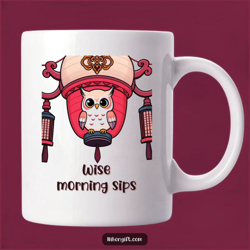 Funny Owl Lantern Mug - Kawaii Bird Perched on Decorated Japanese Lantern