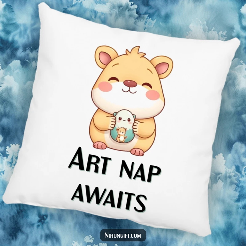 Funny pillow with a happy animal showcasing a small, painted ceramic figure, adding cozy artistic humor to any seating area.