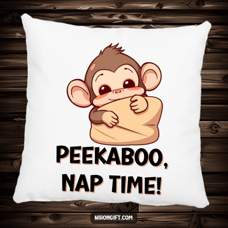 Soft pillow with a mischievous monkey peeking from behind a large, wrapped item, bringing playful comfort.