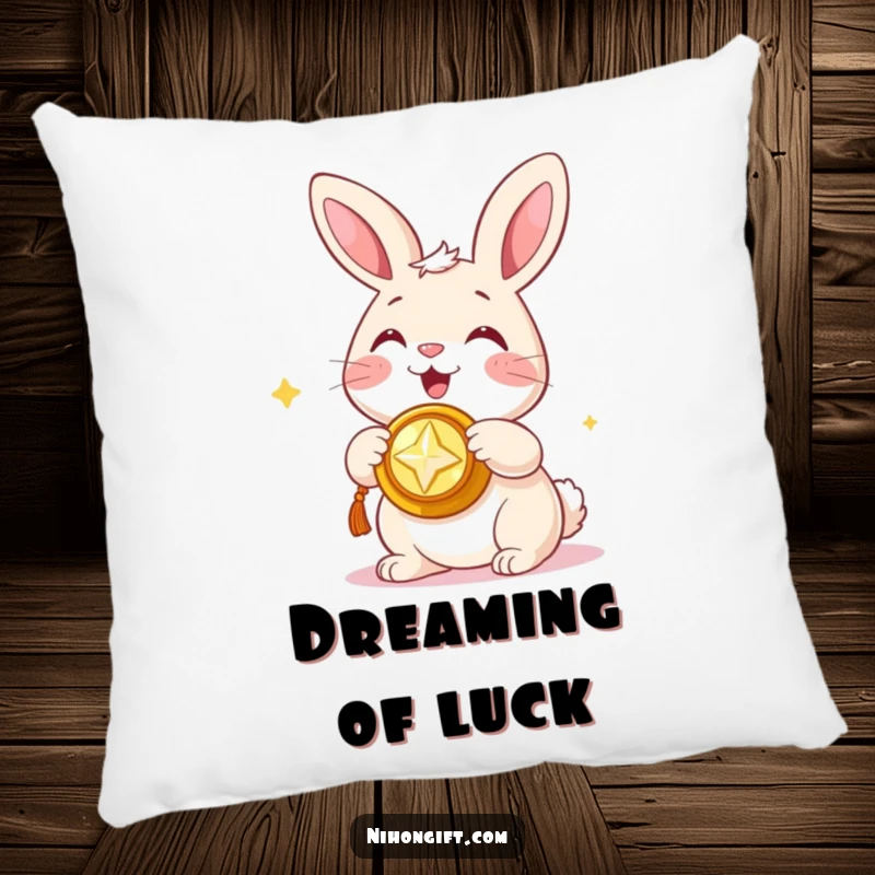 Funny pillow with a happy bunny presenting a shiny trinket, offering cozy humor and good luck.