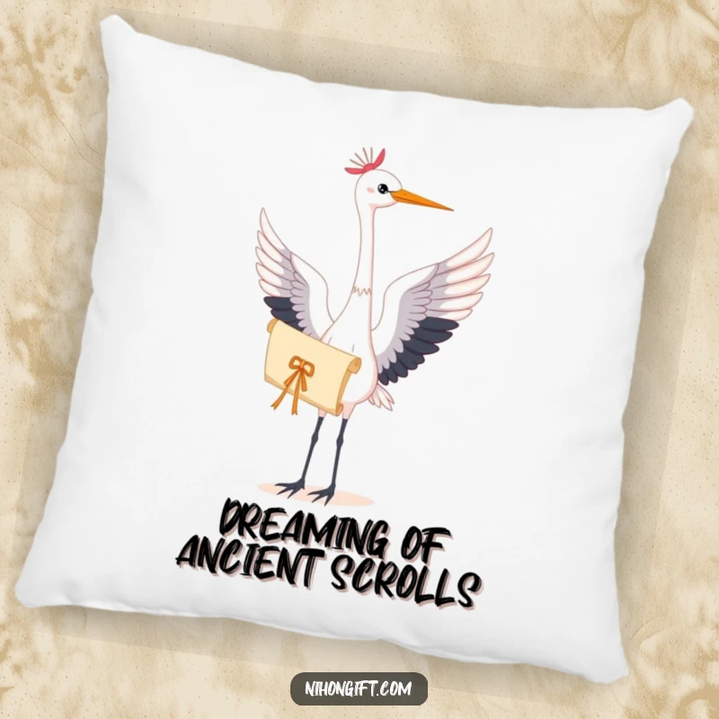 Soft pillow adorned with a graceful crane holding a delicate scroll, offering artistic comfort and refined decor.