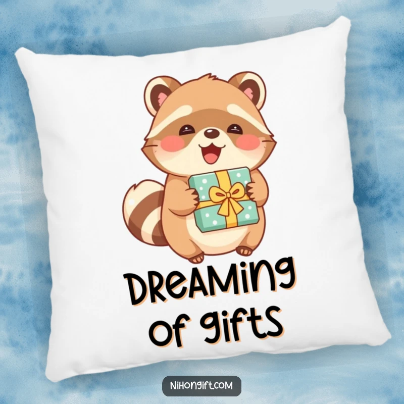 Funny tanuki character on a pillow, joyfully holding a beautifully wrapped present, creating a cozy scene.