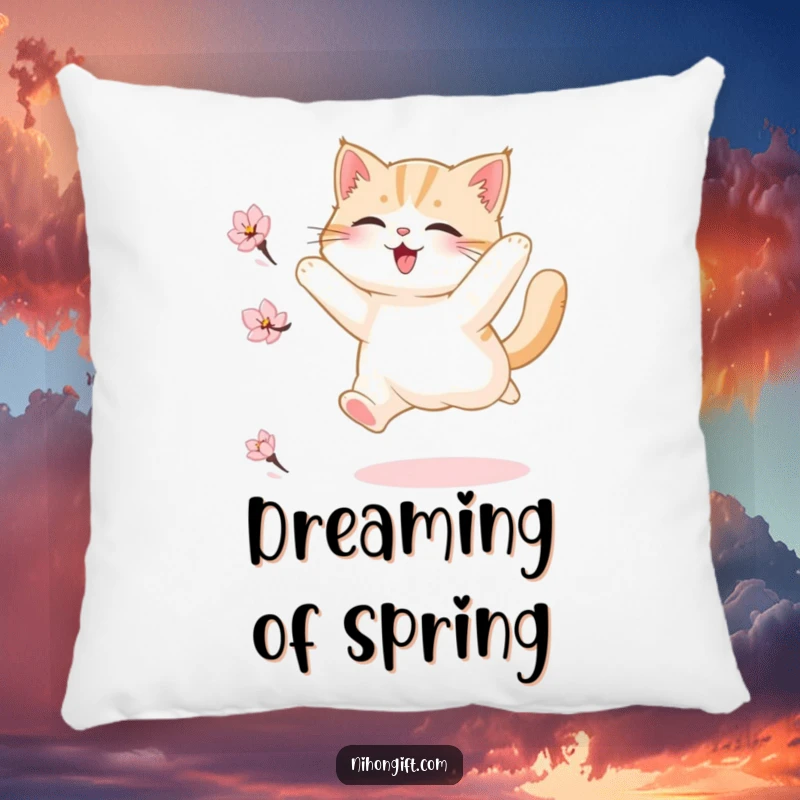 Funny pillow showcasing a fluffy cat in a mid-air, joyous leap, playfully attempting to catch a delicate cherry blossom petal.