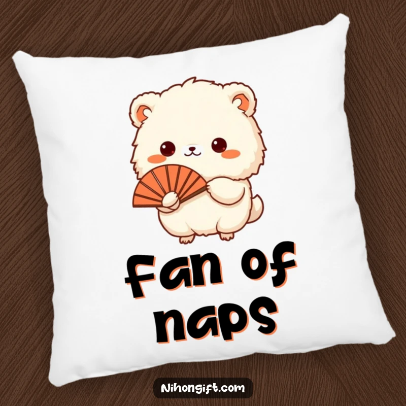 Funny pillow with a small, fluffy animal holding a traditional Japanese fan, adding comfort and humor to decor.