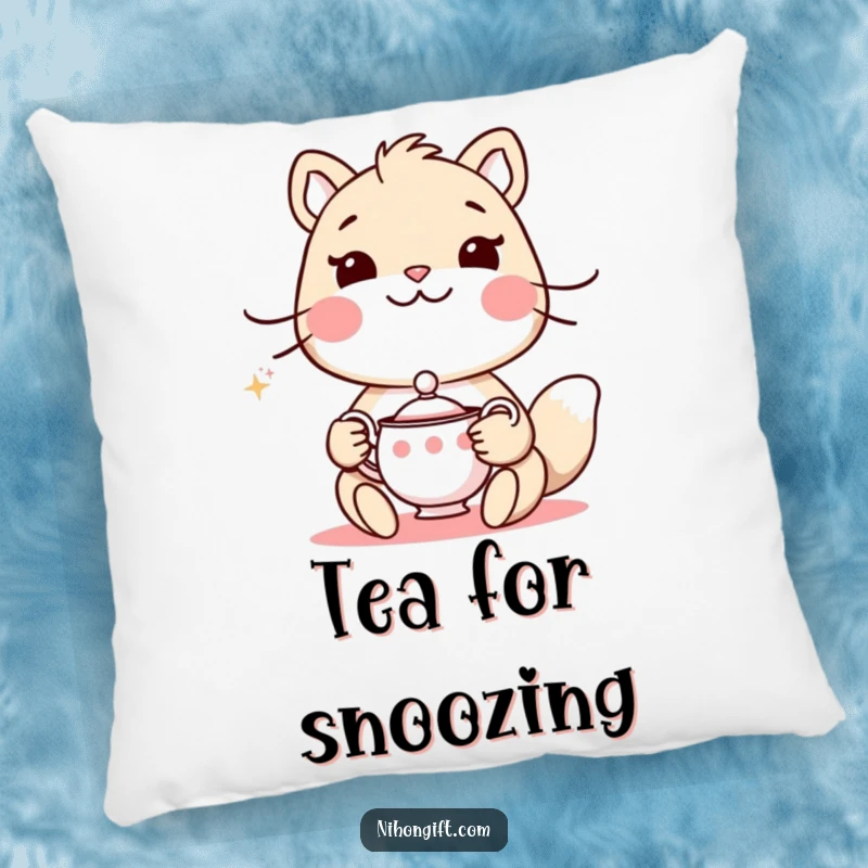 Funny pillow with an animal holding a delicate tea set and a polite smile, adding comfort and elegance.