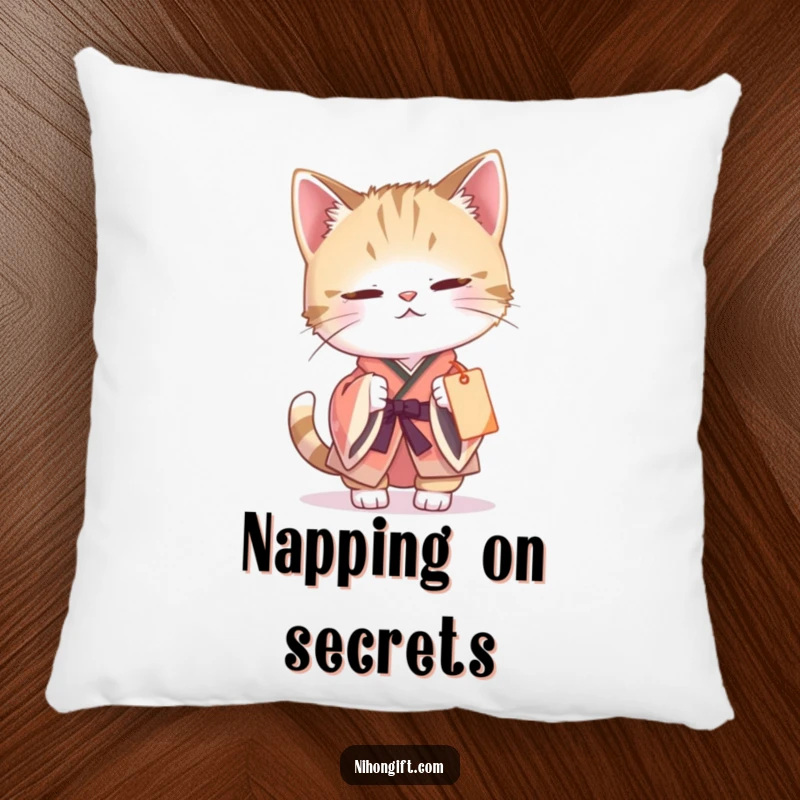 Funny cat kimono pillow featuring a curious cat batting at a gift tag, offering soft, humorous comfort and whimsical charm.